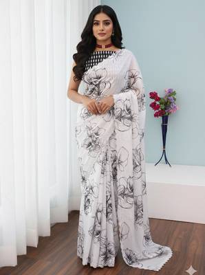 white silk blend digital printed saree with swarovski diamond work & blouse piece 2