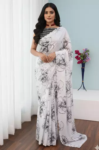 white silk blend digital printed saree with swarovski diamond work & blouse piece