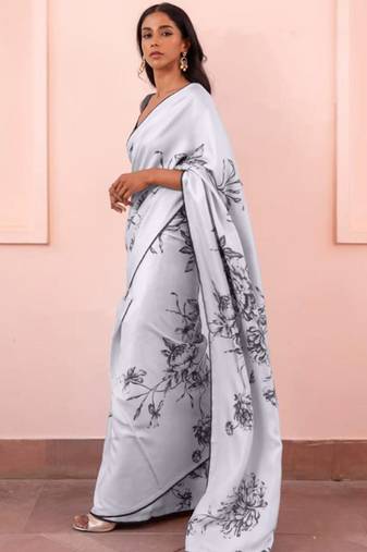 Light grey original japan devsena satin saree japan satin digital print blouse