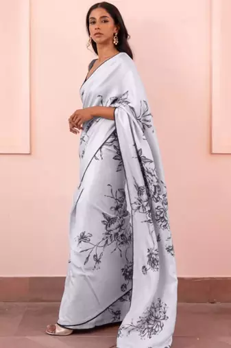 Light grey original japan devsena satin saree japan satin digital print blouse