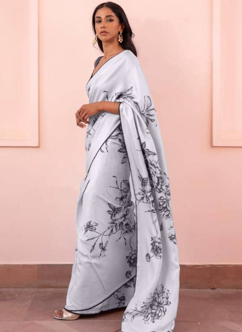 Light grey original japan devsena satin saree japan satin digital print blouse
