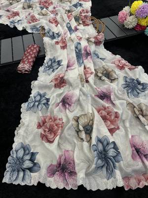 white silk blend digital printed saree with swarovski diamond work & blouse piece 1