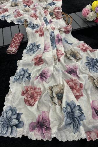 white silk blend digital printed saree with swarovski diamond work & blouse piece