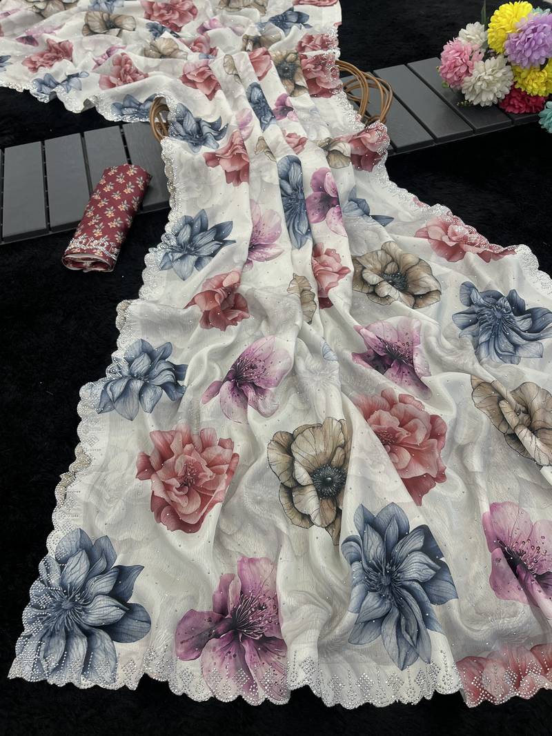 white silk blend digital printed saree with swarovski diamond work & blouse piece