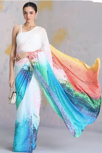 Multicolor original japan satin saree with digital print blouse