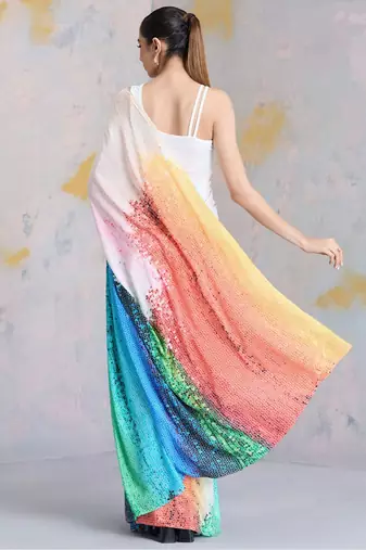 Multicolor original japan satin saree with digital print blouse