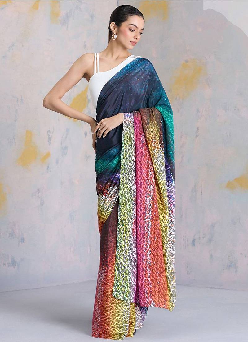 Multicolor original japan devsena satin saree japan satin digital print blouse