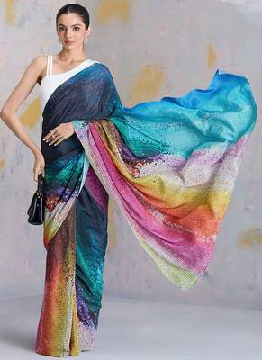 Multicolor original japan satin saree with digital print blouse 2