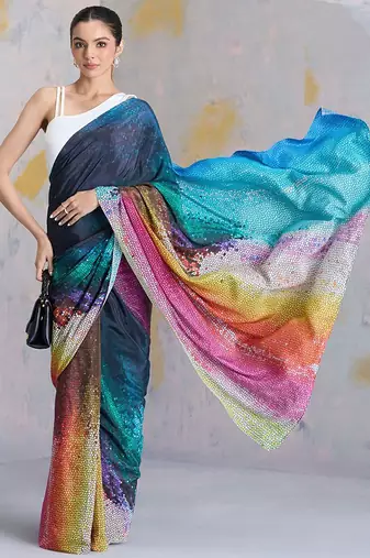 Multicolor original japan satin saree with digital print blouse