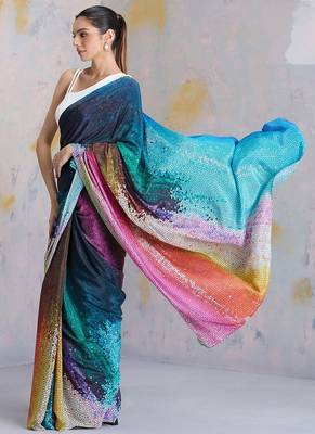 Multicolor original japan satin saree with digital print blouse 3