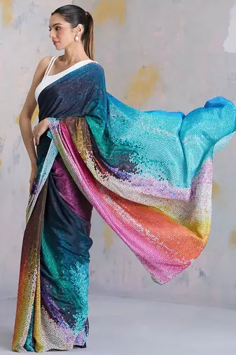 Multicolor original japan satin saree with digital print blouse