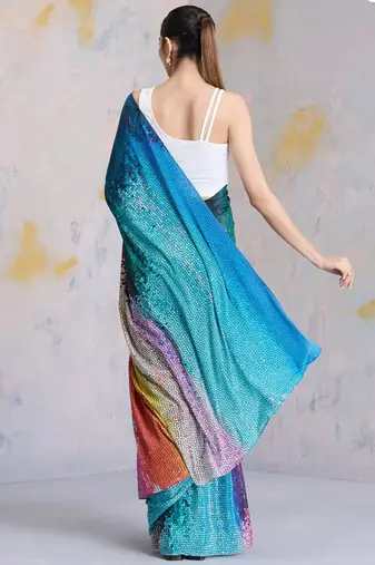 Multicolor original japan satin saree with digital print blouse