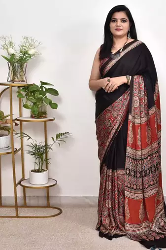 Black original japan devsena satin saree japan satin digital print blouse