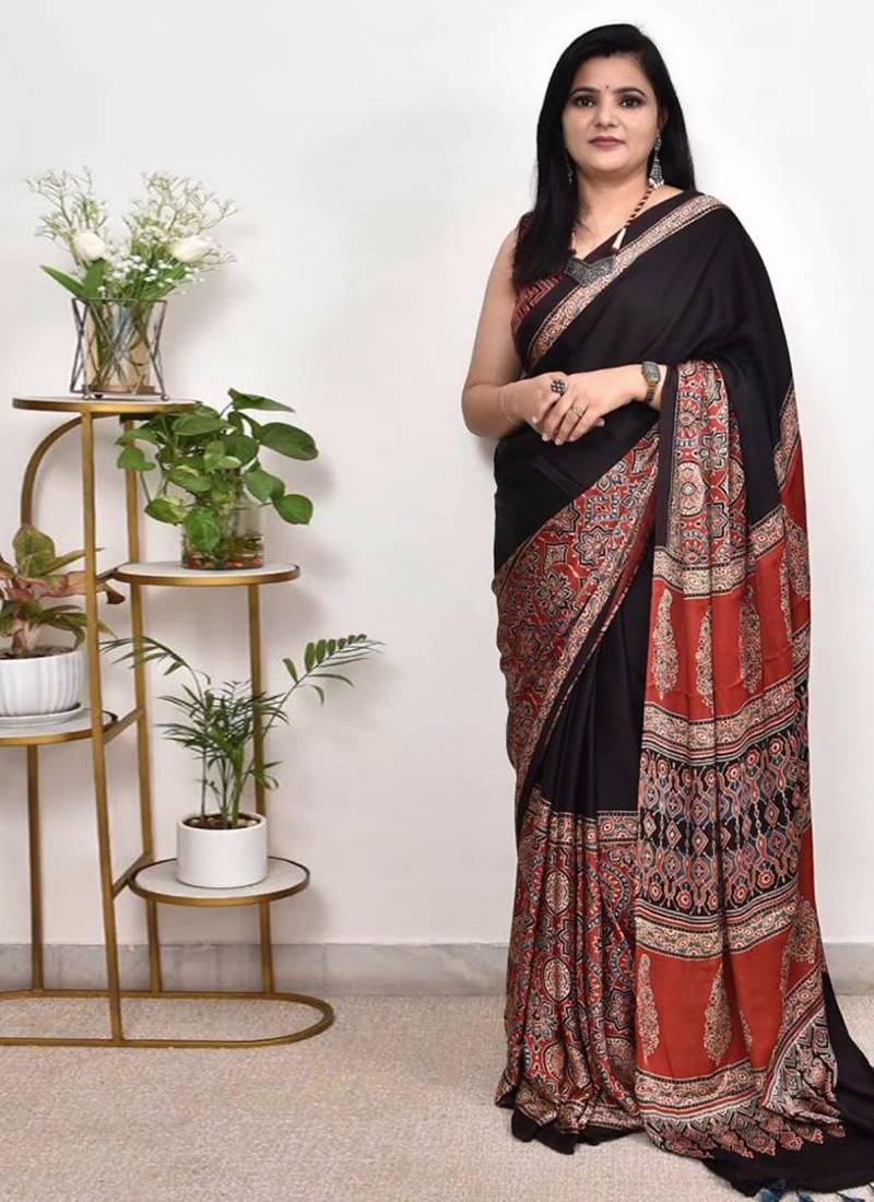 Black original japan devsena satin saree japan satin digital print blouse