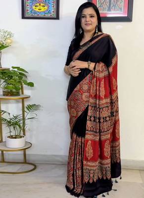 Black original japan satin saree with digital print blouse 2
