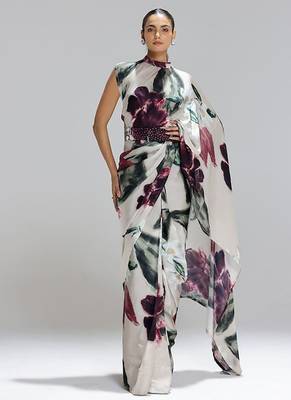 Multicolor original japan satin saree with digital print blouse 1