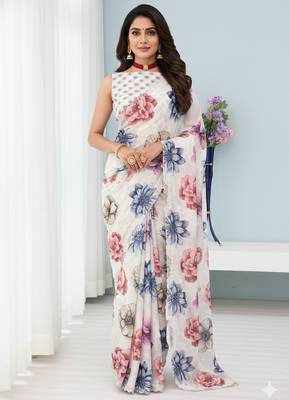 white silk blend digital printed saree with swarovski diamond work & blouse piece 2