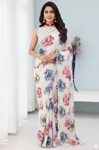 white silk blend digital printed saree with swarovski diamond work & blouse piece