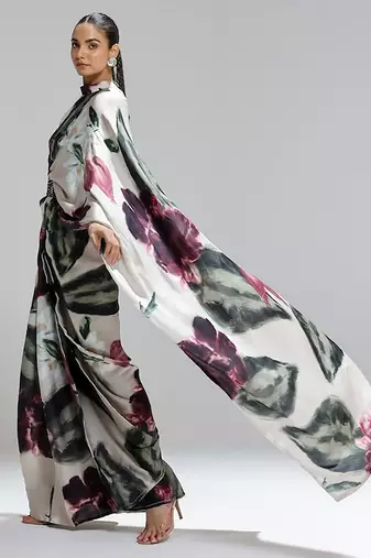 Multicolor original japan satin saree with digital print blouse