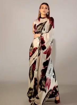 Multicolor original japan satin saree with digital print blouse 4