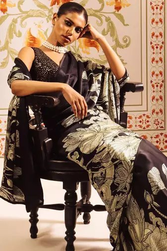 Black original japan devsena satin saree japan satin digital print blouse
