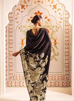 Black original japan satin saree with digital print blouse 3