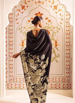 Black original japan satin saree with digital print blouse 4