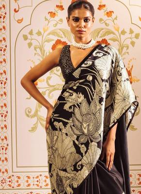 Black original japan satin saree with digital print blouse 5