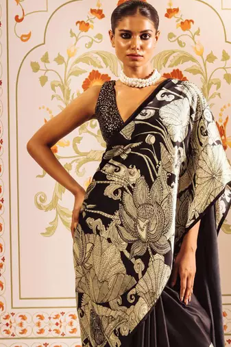Black original japan satin saree with digital print blouse