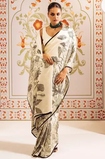 Off white original japan devsena satin saree japan satin digital print blouse