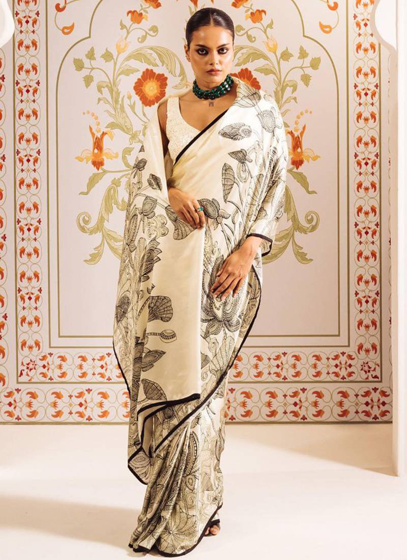 Off white original japan devsena satin saree japan satin digital print blouse