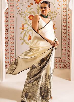 Off white original japan satin saree with digital print blouse 2