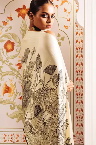 Off white original japan satin saree with digital print blouse
