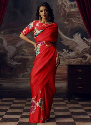 Red original japan satin saree with digital print blouse 1