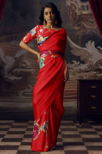 Red original japan devsena satin saree japan satin digital print blouse
