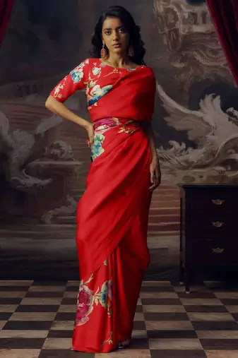 Red original japan devsena satin saree japan satin digital print blouse