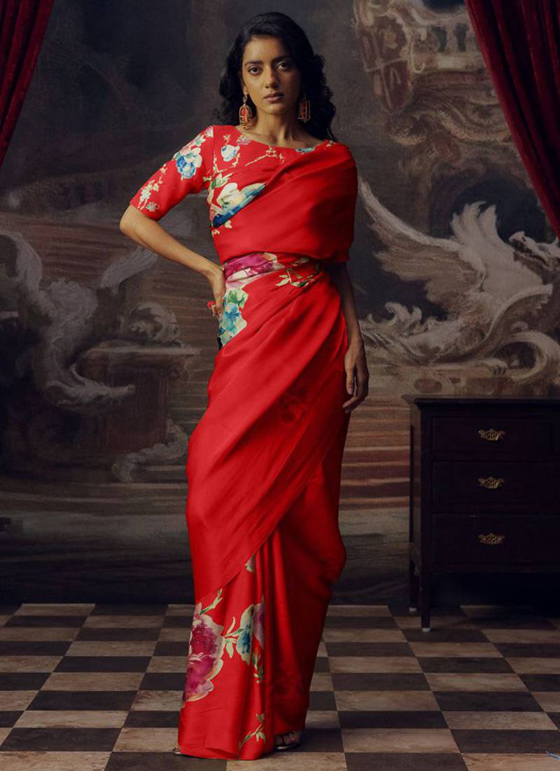 Red original japan devsena satin saree japan satin digital print blouse