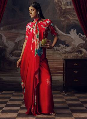 Red original japan satin saree with digital print blouse 2