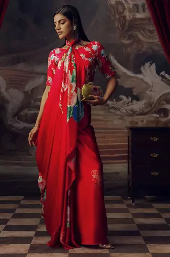 Red original japan satin saree with digital print blouse