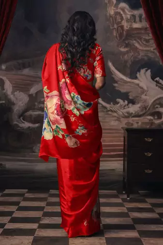 Red original japan satin saree with digital print blouse