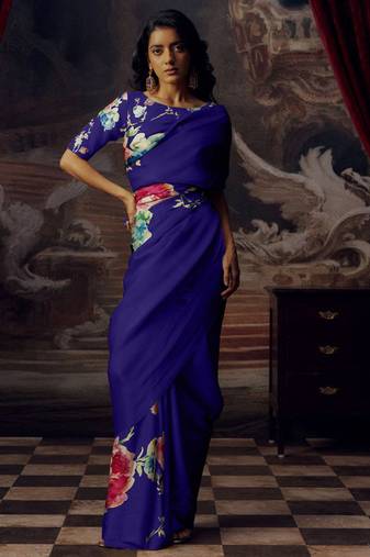 Royal blue original japan devsena satin saree japan satin digital print blouse