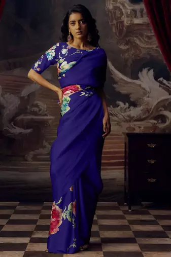 Royal blue original japan devsena satin saree japan satin digital print blouse
