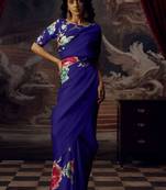 Royal blue original japan devsena satin saree japan satin digital print blouse