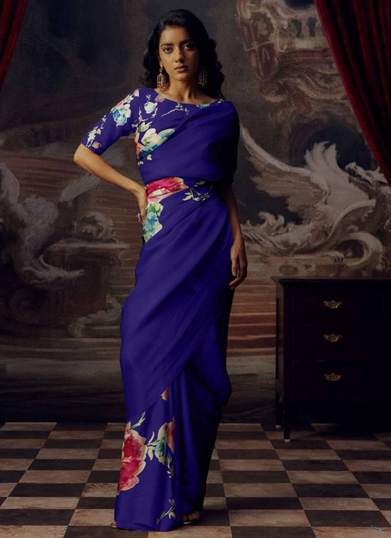 Royal blue original japan devsena satin saree japan satin digital print blouse