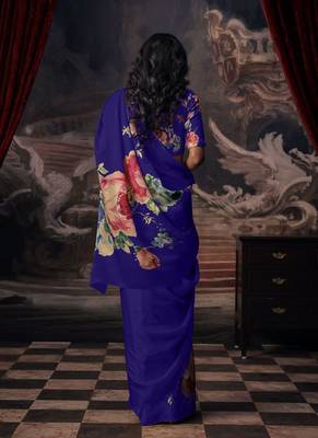 Royal blue original japan satin saree with digital print blouse 2