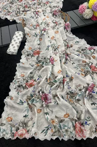 white silk blend digital printed saree with swarovski diamond work & blouse piece