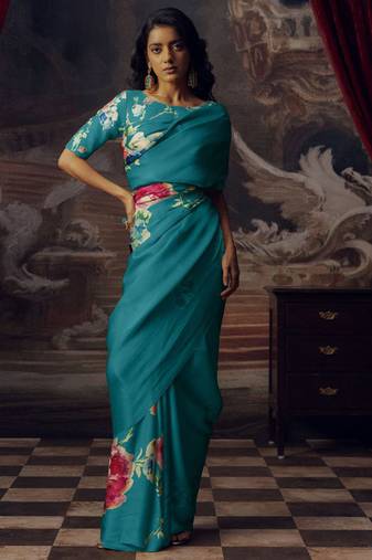 Aqua blue original japan devsena satin saree japan satin digital print blouse