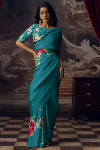 Aqua blue original japan devsena satin saree japan satin digital print blouse