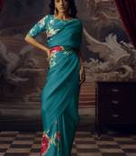 Aqua blue original japan devsena satin saree japan satin digital print blouse