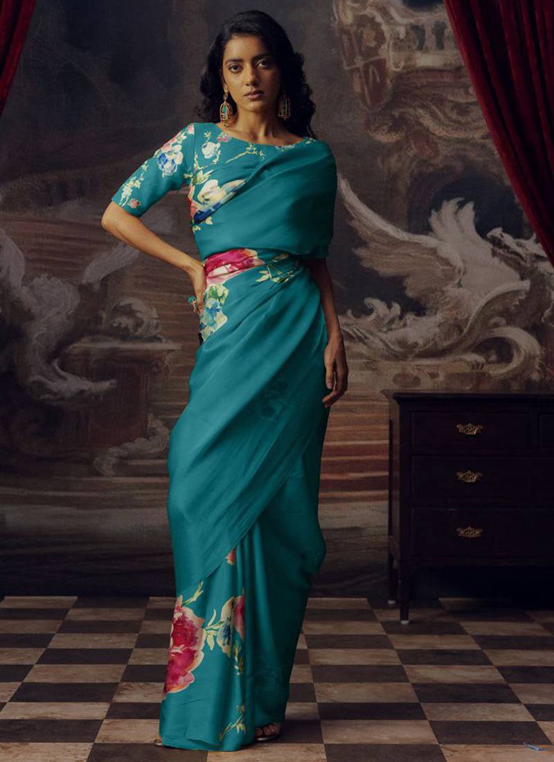 Aqua blue original japan devsena satin saree japan satin digital print blouse